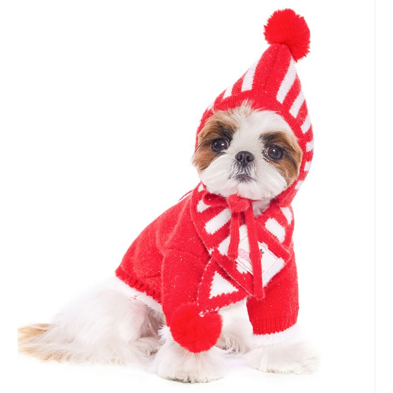 MookiPet® Red and White Striped Knitted Hat and Scarf for Dogs