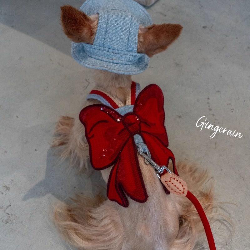 GINGERAIN® Red Bow Denim Dog Harness Leash & Hat Kit - KIKOPALS