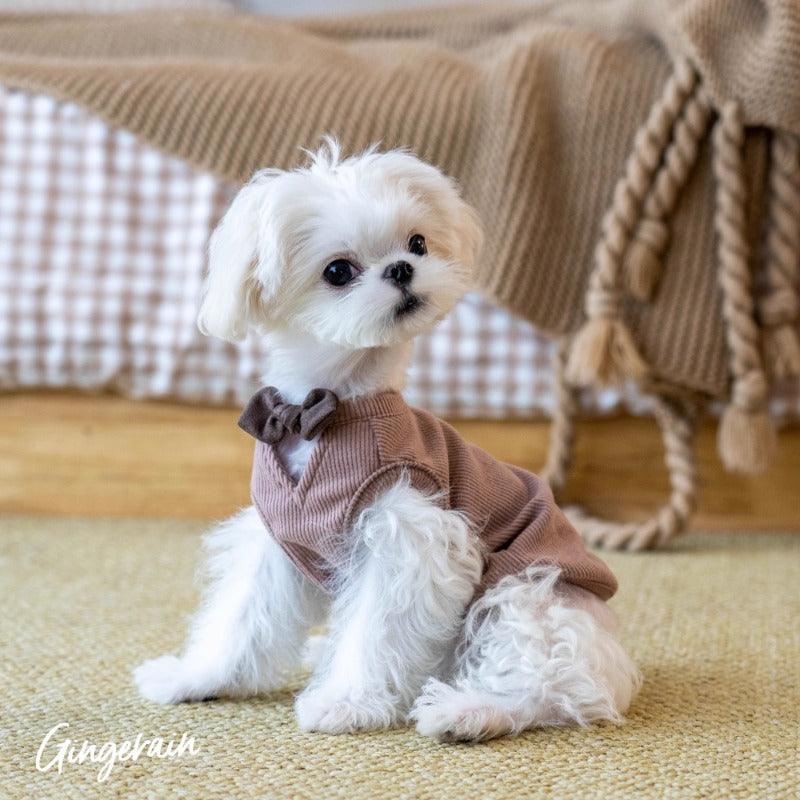 GINGERAIN® Brown Cotton V-Neck Bow Pet Vest - KIKOPALS