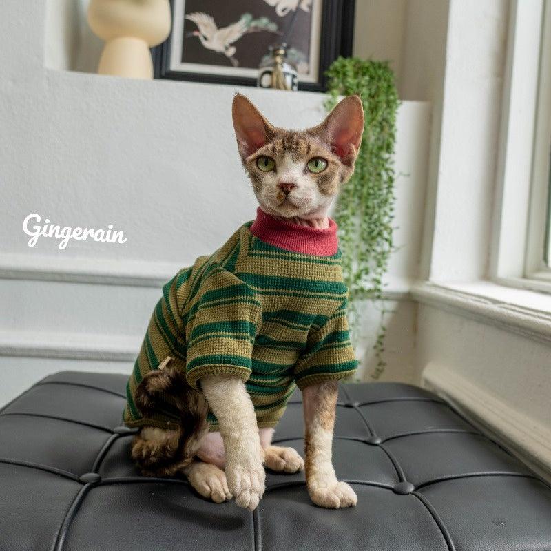 GINGERAIN® Waffle Cotton Striped Cat Tee - KIKOPALS