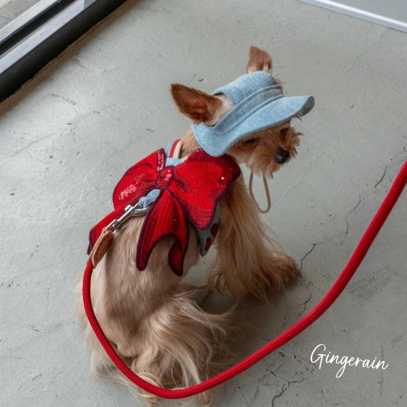 GINGERAIN® Red Bow Denim Dog Harness Leash & Hat Kit - KIKOPALS