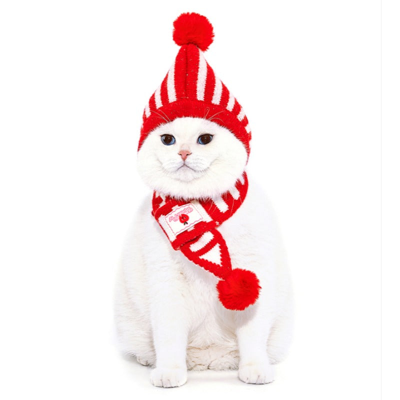 MookiPet® Red and White Striped Knitted Hat and Scarf for Dogs
