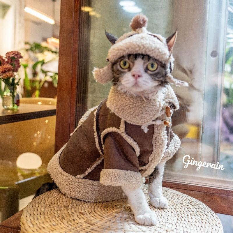 GINGERAIN® Lamb Fleece Warm Cat Sweater & Hat Set - KIKOPALS