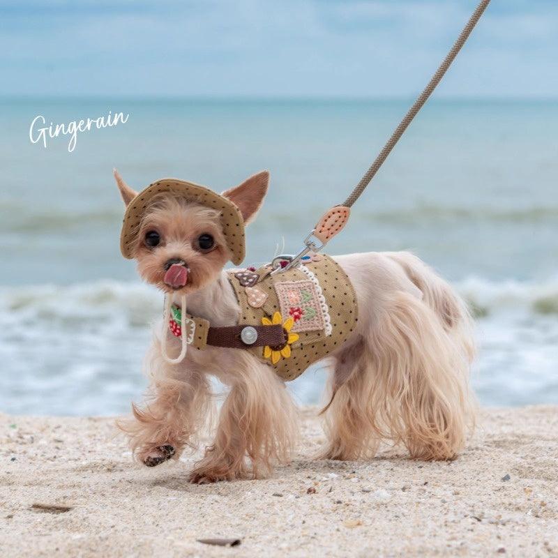 GINGERAIN® Gray Spotted Denim Dog Harness Leash & Hat Kit - KIKOPALS