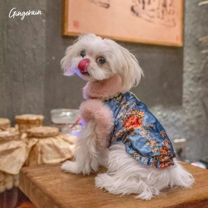 GINGERAIN® Blue Velvet Cheongsam Dog Vest with Fleece - KIKOPALS