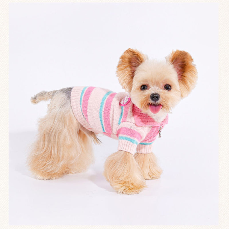 MookiPet® Striped Pink POLO Zipper Sweater for Dogs