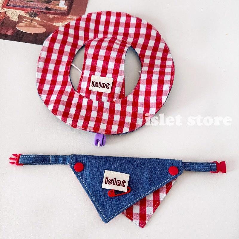 islet store® Red Plaid Denim Pet Bandana / Hat - KIKOPALS