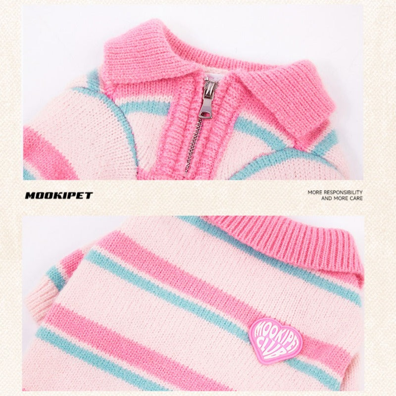 MookiPet® Striped Pink POLO Zipper Sweater for Dogs