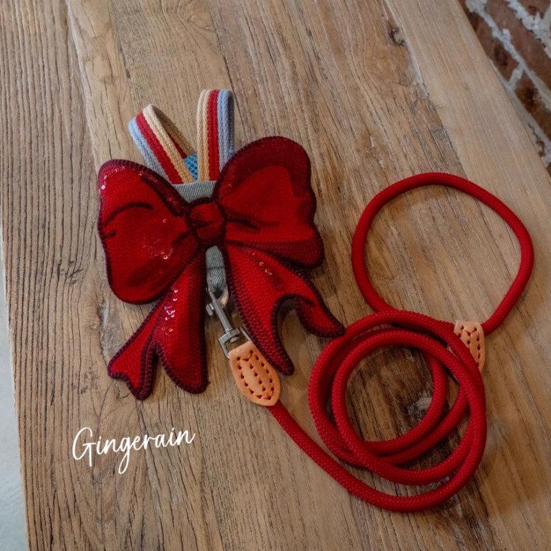 GINGERAIN® Red Bow Denim Dog Harness Leash & Hat Kit - KIKOPALS