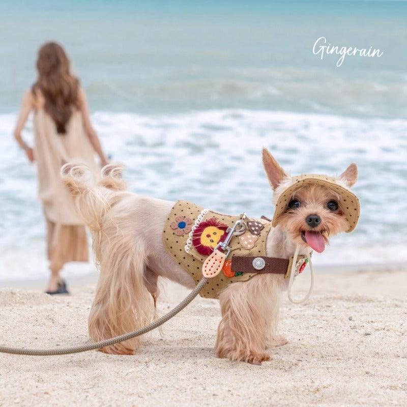 GINGERAIN® Gray Spotted Denim Dog Harness Leash & Hat Kit - KIKOPALS