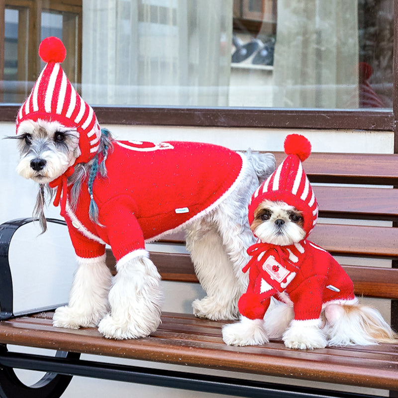 MookiPet® Red and White Striped Knitted Hat and Scarf for Dogs